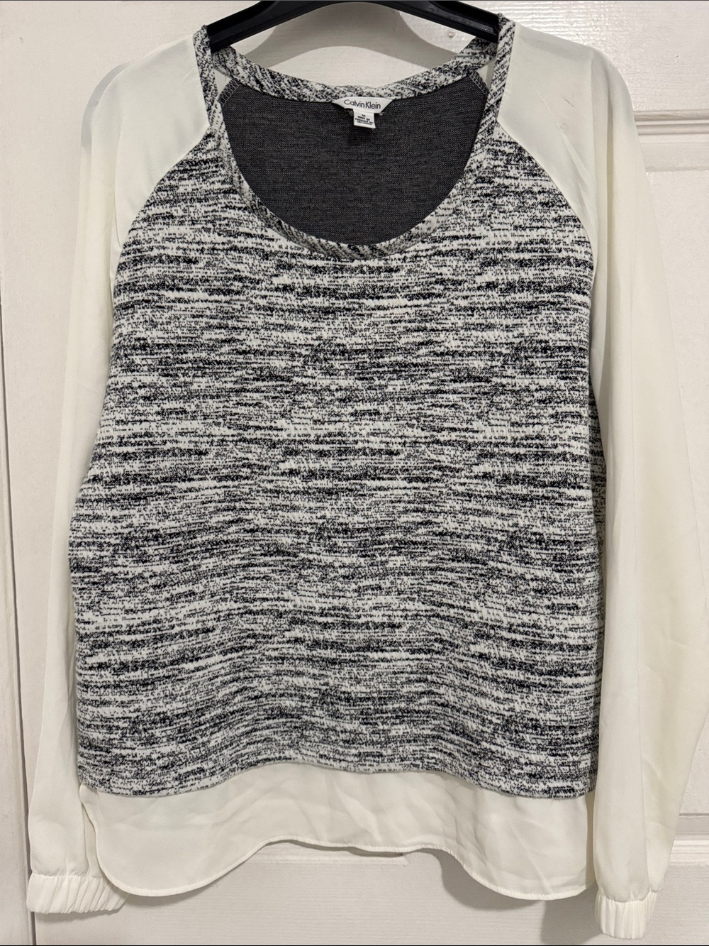 Calvin Klein Men's Black & White Marled Crewneck Sweater with Cream Sleeves